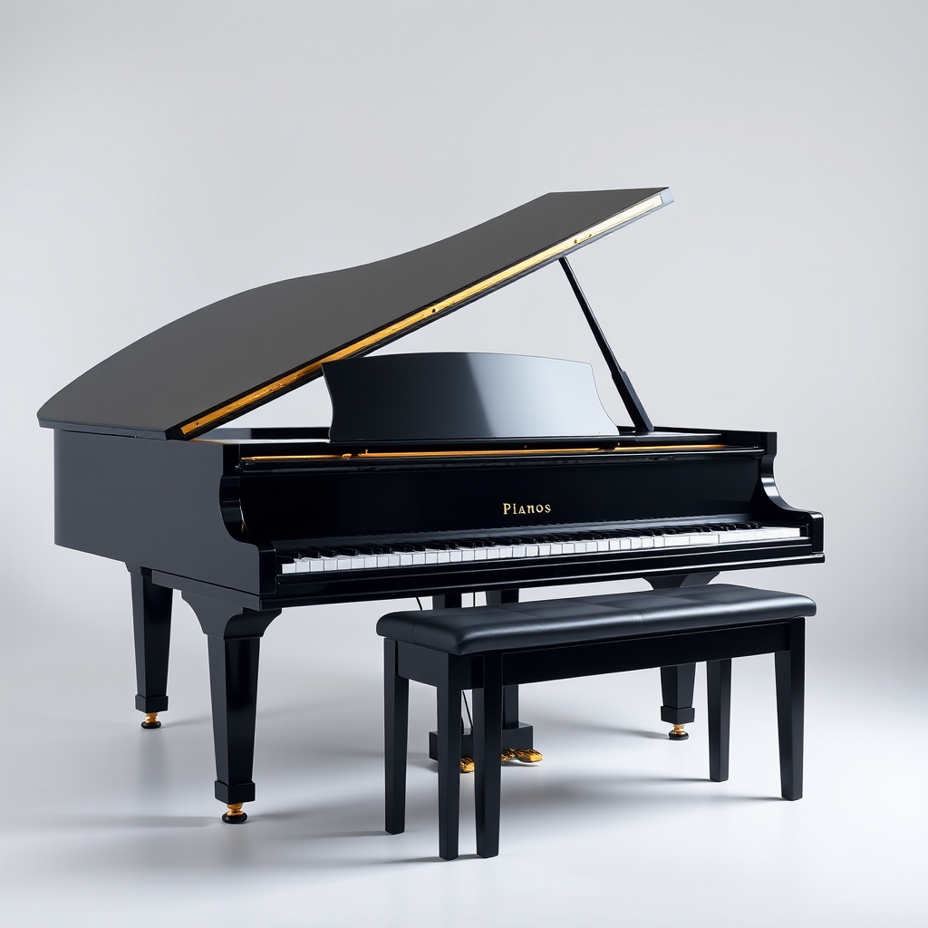 high-quality image of a black grand piano with a matching bench, side view, soft studio lighting, ISO 100, f/2.8 aperture, 50mm lens, DSLR camera