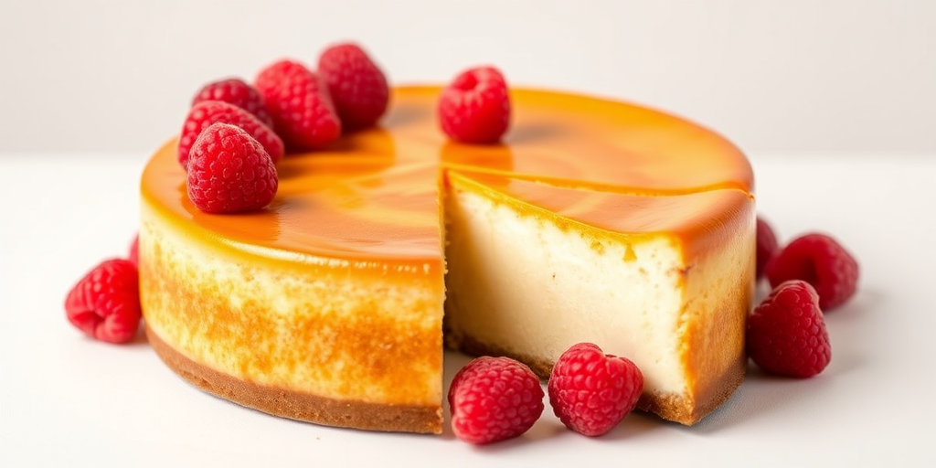 Create an image of a creamy cheesecake with a golden brown caramelized top and a slice taken out to reveal its smooth texture inside. Garnish the cheesecake with fresh raspberries on top and around the base. The background should be simple and neutral to highlight the dessert.
