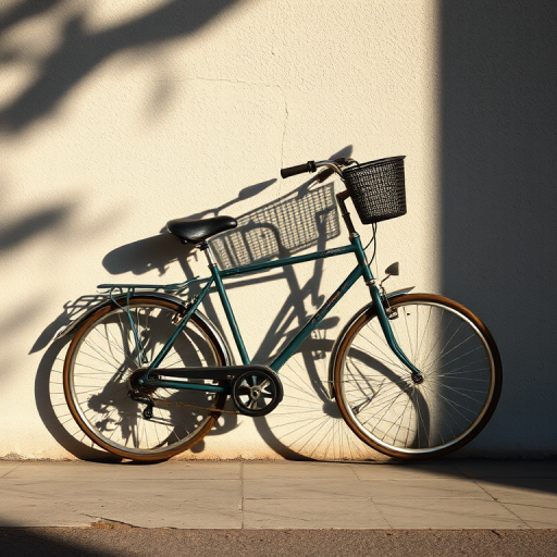 Shadow of a bicycle with a basket cast on a textured wall, captured in soft afternoon light, using a DSLR camera with a 50mm lens, f/1.8 aperture, 1/200 second shutter speed, ISO 200, in portrait view to emphasize the shadows.