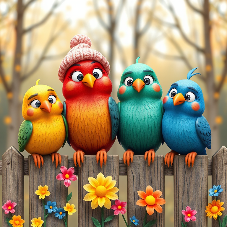 create a scene of 4 quirky  whimsical colourful comical birds each with a funny expression. they are sat on a wooden fence with colourful flowers. they are all different sizes. each one is a different colour  one is wearing a woolly hat. Each one has a different quirky google expression and there is a muted background of trees watercolour paintierly style high definition 8k resolution 3D paper mache