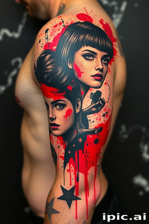 Trash polka tattoo called "Chaotic Elegance" combining bold, graphic elements with realistic portraits and abstract splatters in a striking red and black color scheme, creating a dynamic and visually arresting composition that tells a personal story through seemingly random yet carefully curated imagery, ideal for those who appreciate avant-garde and unconventional tattoo styles.