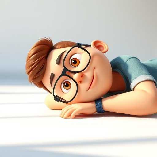 3D cartoon character of a young man with glasses reclining on the floor, vibrant colors, soft shadows, high-resolution, 35mm lens, f/4 aperture, ISO 200, positioned at eye level, natural lighting, rendered in a studio setting.