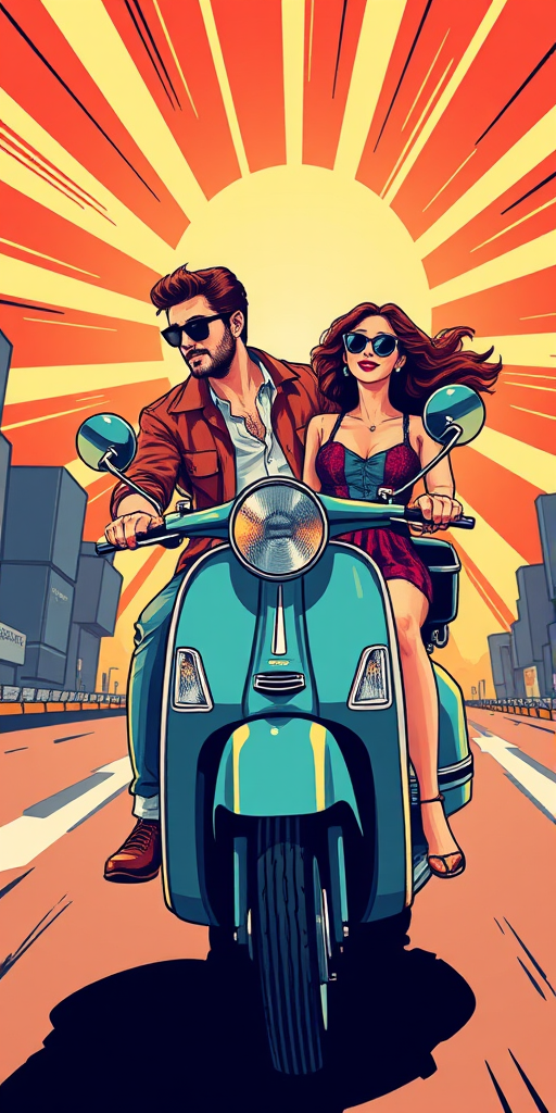 create a vibrant illustration of a stylish couple riding a vintage scooter against a dynamic, comic-style background featuring rays of light, use a DSLR camera with an aperture of f/2.8, shutter speed of 1/250s, and ISO 100 for enhanced color saturation and sharpness, shot from a low angle with a wide lens to capture the motion and excitement of the scene