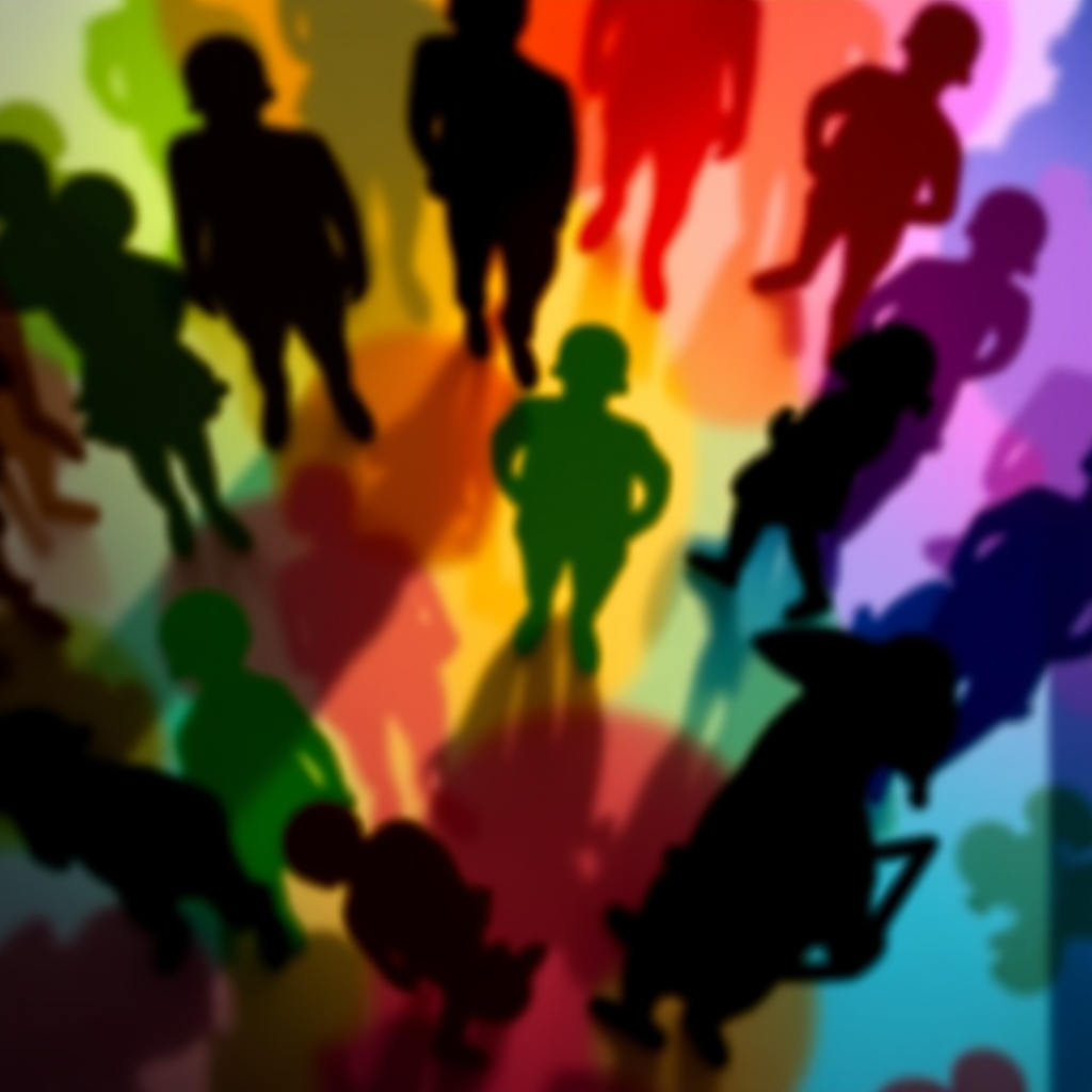Create a colorful abstract composition of silhouettes in various shades, using a depth of field effect, captured with a DSLR camera at f/8 aperture, ISO 100, with a 50mm lens, top-down overhead view, and a high dynamic range for enhanced detail and contrast.