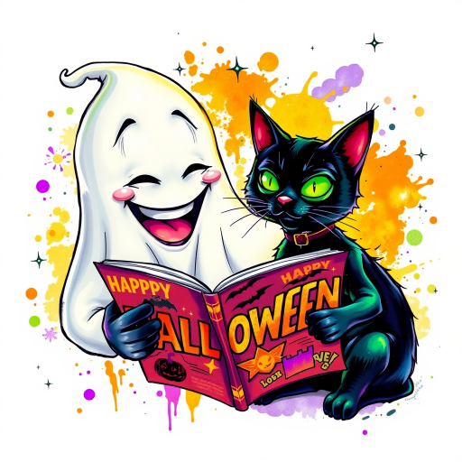 Image of a ghost and a black cat laughing exaggeratedly , and reading a comic halloween comic book, alcohol ink airbrush style, funny halloween theme, white background with neon purple, neon orange, neon green splash, black sparkles stars , dazzling BG