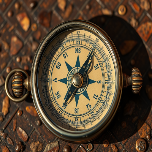 Create a high-resolution image of a vintage compass with a metallic frame and an antique face, using a DSLR camera, 50mm lens, f/2.8 aperture, ISO 100, positioned at eye level with soft natural lighting for enhanced detail and shadow play.
