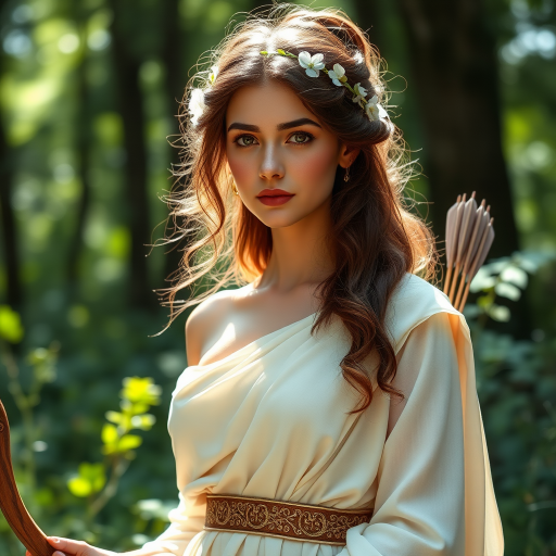 Create a portrait of a goddess-like Armenian girl figure in a tranquil, forested environment. She has an elegant appearance with long, wavy hair styled in an updo and adorned with a delicate, floral headband. She wears a flowing, ancient Greek-inspired gown in a soft, pale color, featuring a one-shoulder design and draped fabric that accentuates her graceful form. The outfit includes a decorative belt with ornate gold detailing, and she holds a bow in her hand, with a quiver of arrows slung over her shoulder. The background depicts lush greenery, with sunlight filtering through the trees, casting a gentle, ethereal light on the scene. Her expression is calm and contemplative, embodying a sense of wisdom and serenity.