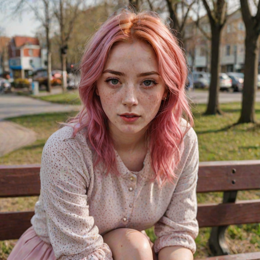 close-up, brown and prominent freckles, extremely detailed, pink hair, young woman, facial features, bright, flash, outdoors, ((small eyes)), realistic, real, clear, iPhone camera, sitting on a bench, spring winds, skirt, intriguing look, sexy pose