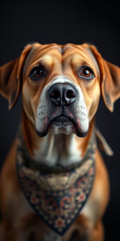 A close-up portrait of a dog with a focused expression, wearing a patterned bandana, taken with a DSLR camera at f/2.8, ISO 100, 85mm lens, softbox lighting on a dark background, shallow depth of field for enhanced detail and contrast.
