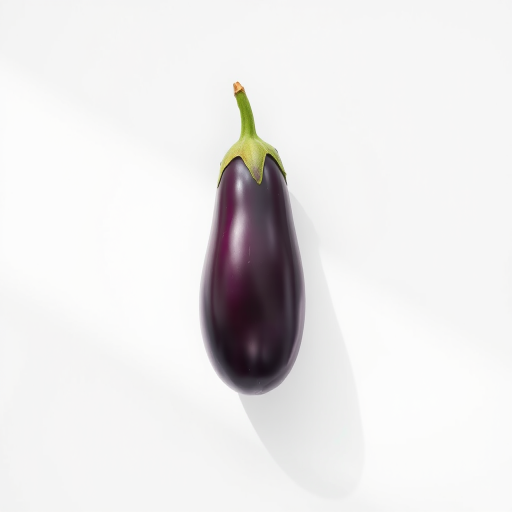 create a high-resolution digital illustration of a single eggplant on a plain white background, use a Canon EOS R5 with an 85mm lens, aperture set to f/2.8, ISO 100, and a soft natural light source for enhanced color and detail
