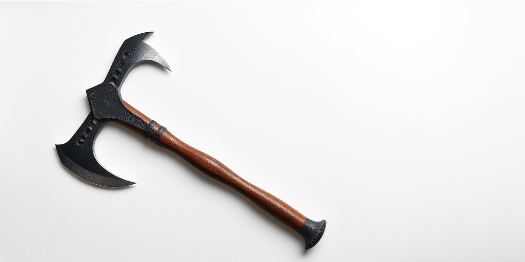 High-resolution image of a fantasy double-headed axe on a plain white background, shot with a Canon EOS R5 at f/2.8, ISO 100, 1/125 sec, in a top-down view using a macro lens for detailed texture capture.