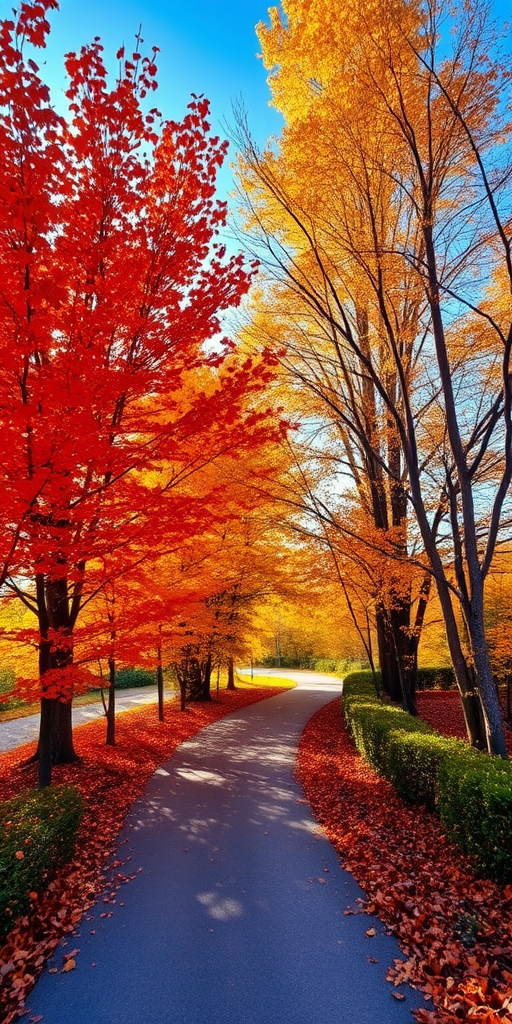 A picturesque autumn scene featuring a winding pathway bordered by vibrant trees adorned with orange and yellow leaves sunlight filtering through the branches creating a warm and inviting atmosphere fallen leaves scattered along the path and a clear blue sky in the background