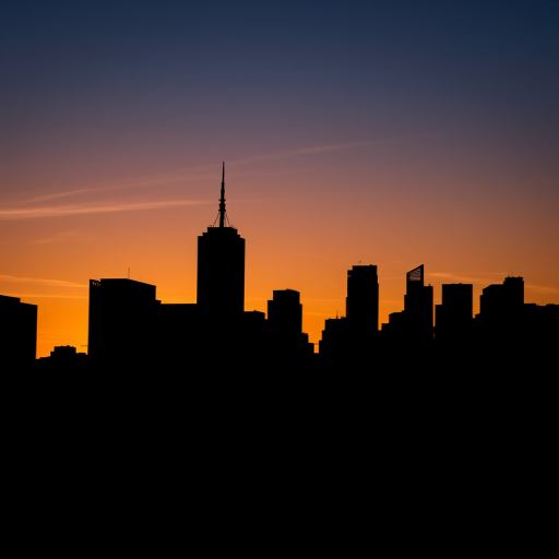 Create a high-resolution silhouette of a city skyline at sunset, shot with a Canon EOS R5 at 50mm, f/8, ISO 100, using a wide-angle lens from a low angle to enhance detail and depth.
