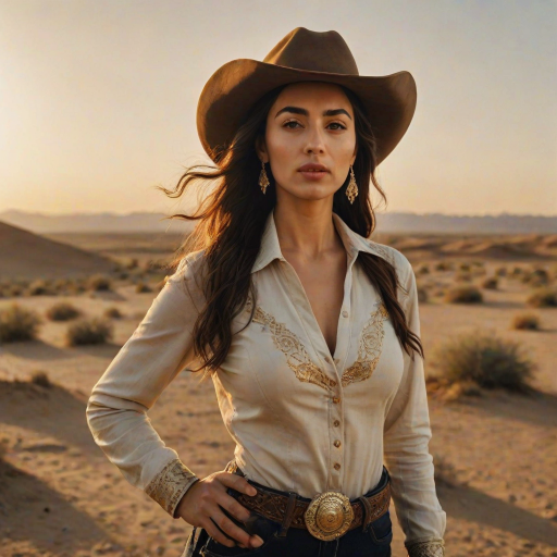 Dramatic photo of a beautiful Azerbaijani woman, classic cowboy attire, confident and free spirit expression, half-length portrait, centered, golden hour desert landscape, warm, diffused light, low angle, medium format film camera, in style of Annie Leibovitz.