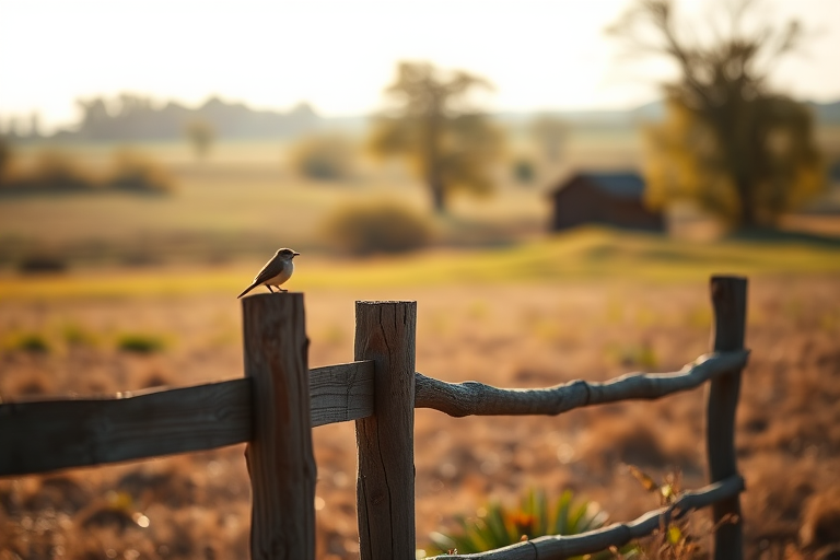 A serene rural landscape with a wooden fence in the foreground and a small bird perched on the fence, soft sunlight illuminating the scene, camera type: DSLR, camera settings: ISO 200, aperture f/4, shutter speed 1/200s, camera view: shallow depth of field, camera style: natural light photography.