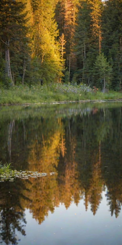 Soft-focus image of a peaceful lakeside at sunset, with soft reflections of the sky in the water, surrounded by tall trees and wildflowers along the shore.