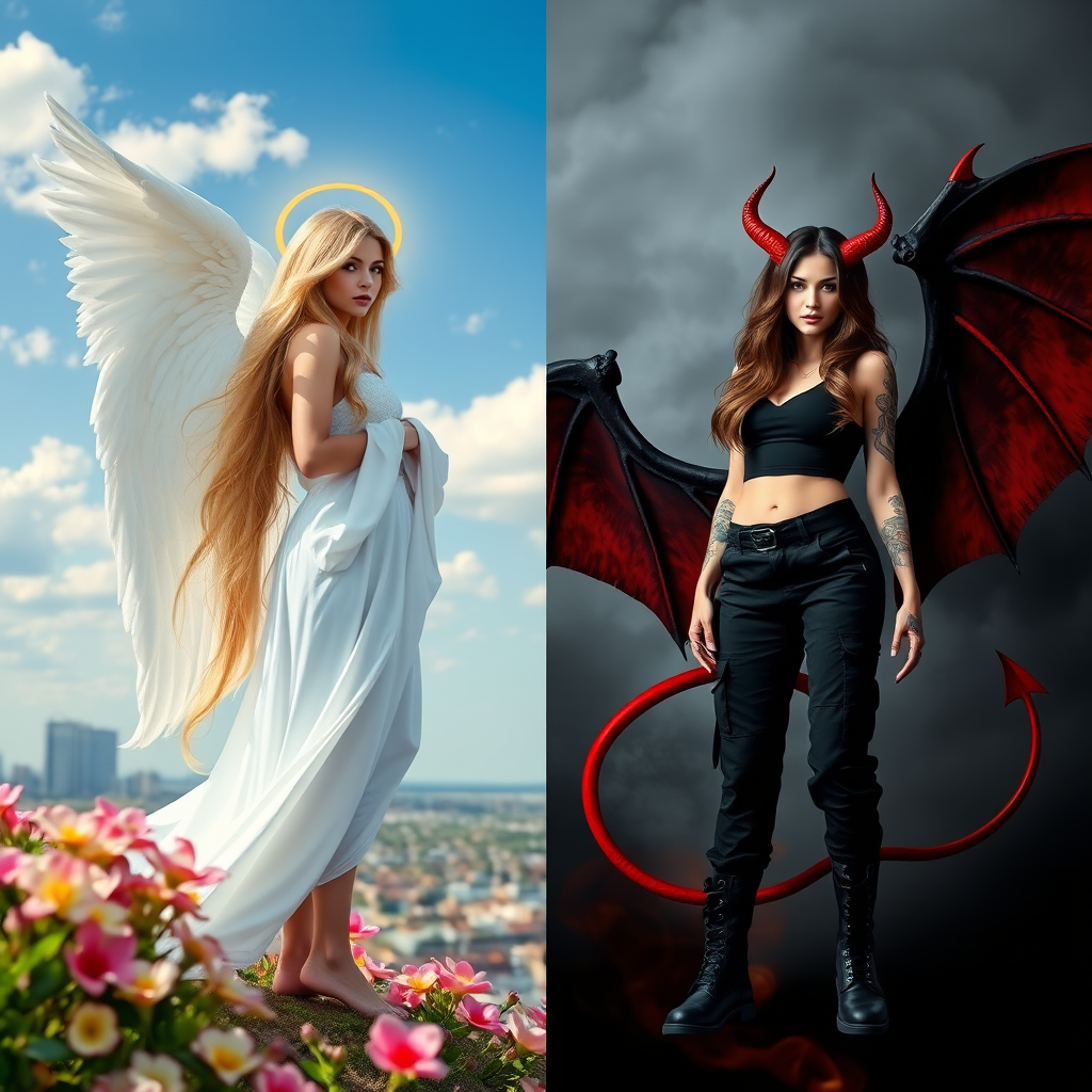 Create an image with a split composition, half representing an angel and half a demon. The angel is on the left, depicted with long, flowing blonde hair, a golden halo above her head, and wearing a white robe. She has large, feathered wings, and she's barefoot, standing amidst blooming flowers with a cityscape in the background under a clear blue sky with a few clouds. The demon is on the right, featuring long, wavy black and red hair, red horns on her head, and wearing a black crop top and black cargo pants. She has large, bat-like wings with red and black hues, and is wearing black combat boots. Her skin is adorned with tattoos. The background on the demon's side is dark and smoky, with hints of flames and a red tail curling behind her. Both figures stand back-to-back, creating a stark contrast between light and dark, good and evil.