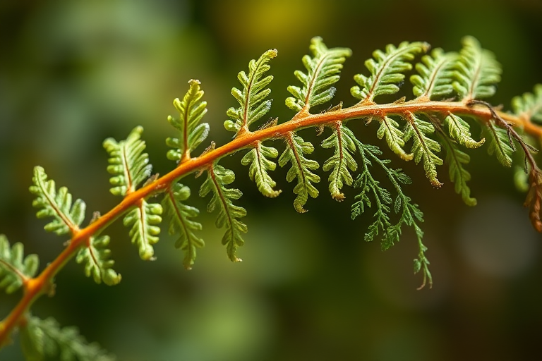 Generate a high-resolution image of a delicate fern branch with intricate details and textures, using a macro lens at f/2.8, ISO 100, 1/200s shutter speed, shot from a 45-degree angle with soft natural lighting to enhance colors and contrasts.