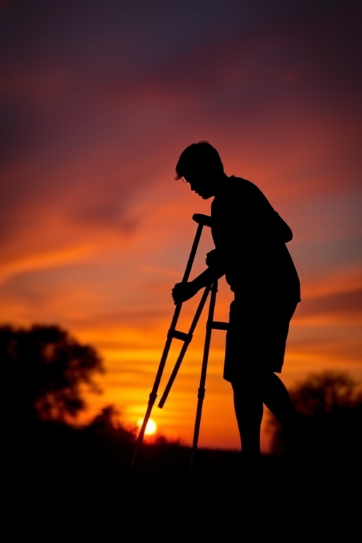Create an image of a silhouette of a person using crutches against a vibrant sunset, soft focus, high dynamic range, f/2.8, 1/250 sec, ISO 100, shot from a low angle with a wide-angle lens, digital camera.
