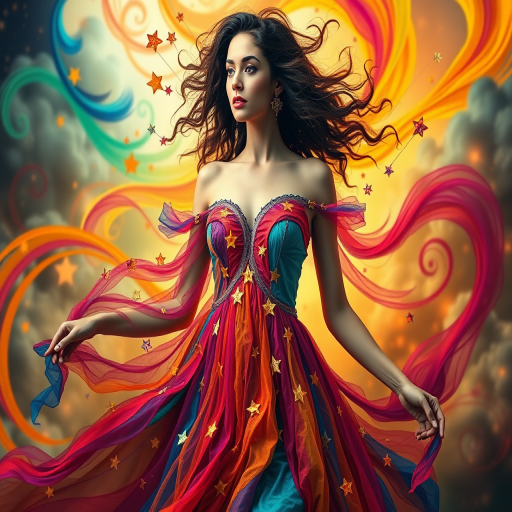 Create a vibrant, surreal image of a woman in a colorful, flowing dress adorned with stars, surrounded by abstract swirls and elements of nature, using a DSLR camera with a 50mm lens, f/1.8 aperture, ISO 100, and a soft-focus background for enhanced depth.
