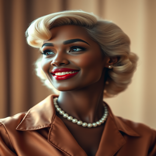 A beautiful Afro-Caribbean woman reminiscent of 1950s Hollywood glamour, with perfectly styled blonde hair and a seductive smile, dressed in a satin blouse and adorned with pearls, soft and warm tones, photorealistic, 8K