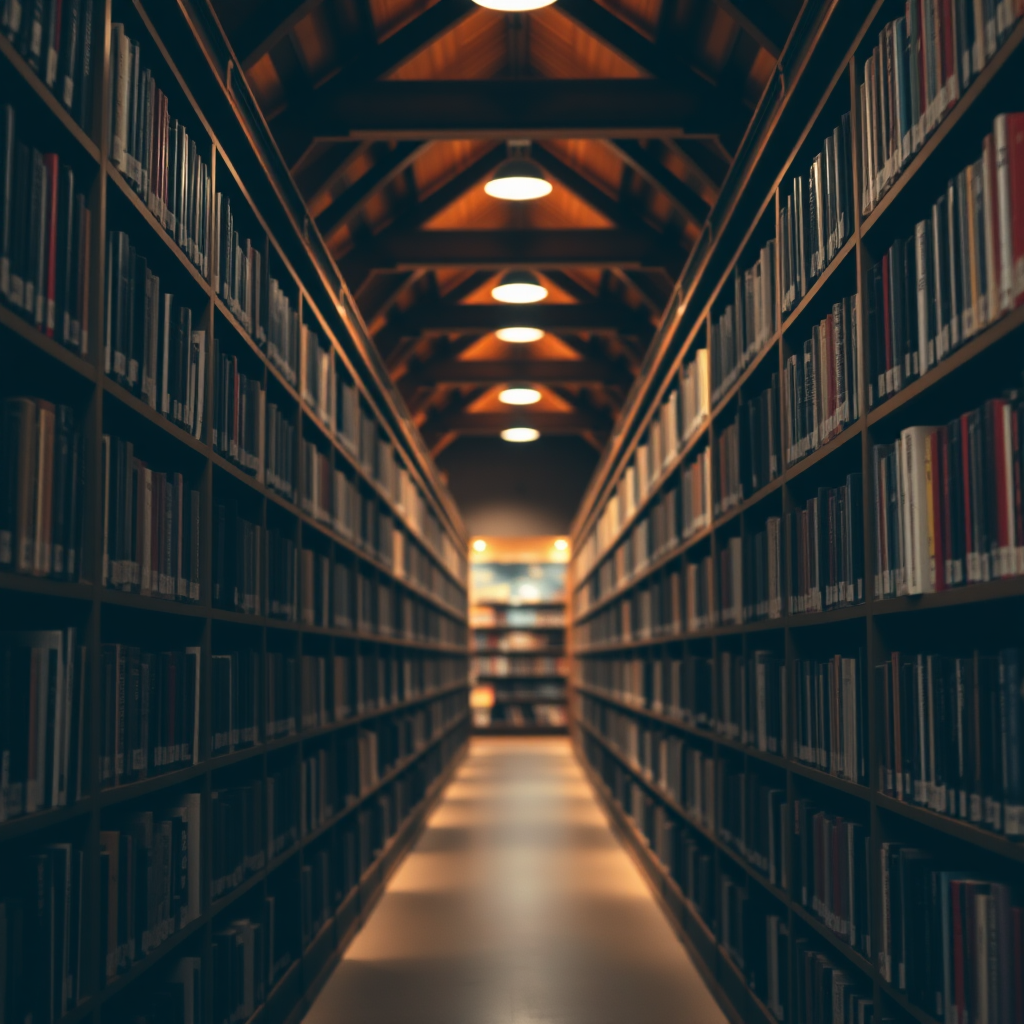 interior of a library with wooden bookshelves filled with books on both sides, narrow aisle leading into the distance, warm ambient lighting, taken with a Canon EOS R5, 50mm lens, f/1.8 aperture, ISO 400, shallow depth of field, soft focus background
