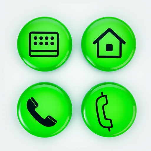 Create an image of four green glossy circular icons with black symbols: a fax machine, an email symbol, a house, and a telephone, with a high-resolution setting, soft focus style, taken from a top-down view using a DSLR camera with f/2.8 aperture and ISO 100.