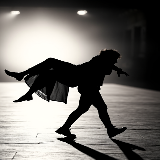 Create a high-contrast silhouette of two figures in motion, one figure appearing to carry the other, shot with a Canon EOS R5 at f/4, ISO 100, 1/200 sec, using a wide-angle lens from a low perspective to enhance depth.