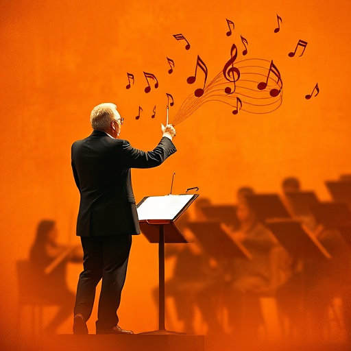 Create an image of a conductor leading an orchestra with musical notes flowing from a conductor's baton on a textured orange background, shot with a Canon EOS R5, 50mm lens at f/1.8, ISO 100, in soft focus for a dreamy effect.