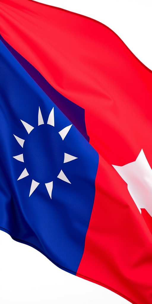 Create a high-resolution image of the Taiwan flag with vibrant colors, using a DSLR camera, aperture f/8, ISO 100, focal length 35mm, shot from a slightly elevated angle to capture the flag fluttering in the wind.