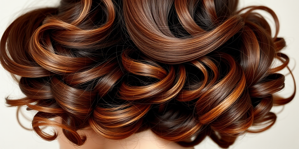 Glamorous hair style displaying voluminous chocolate brown curls with caramel highlights arranged in a classic old Hollywood-inspired style