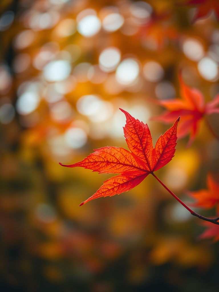 Regenerate a vibrant autumn scene with a bright red maple leaf on a blurred, colorful bokeh background, using a Canon EOS R5 at f/2.8, 1/100s, ISO 200, 85mm lens, with soft focus for enhanced depth and detail.
