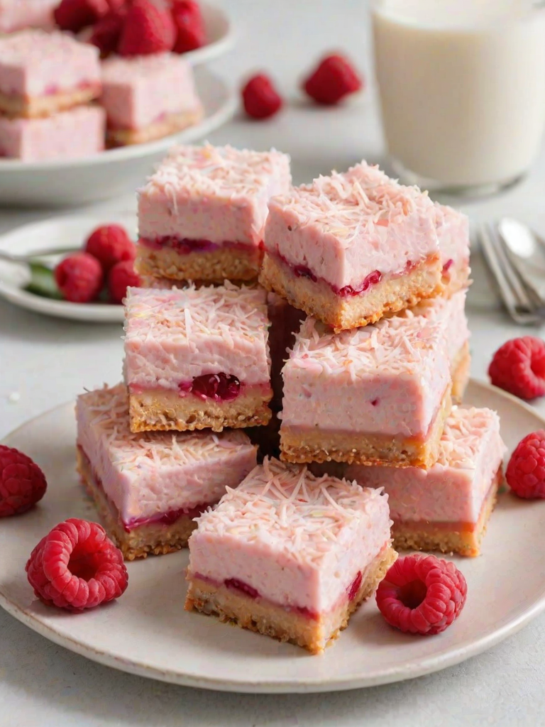 Create an image of a plate filled with pink coconut squares. Each square has a creamy filling and fresh raspberries peeking out. The plate should have a light pastel background, emphasizing the sweet and colorful dessert.