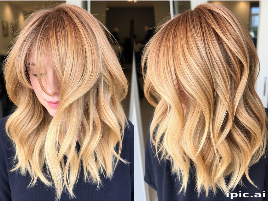 Warm honey blonde shag with curtain bangs, designed by "Golden Hour" salon, featuring tousled layers and sun-kissed balayage highlights, creating a effortlessly chic, lived-in look that evokes the glow of a summer sunset, perfect for those seeking a low-maintenance yet stylish appearance.