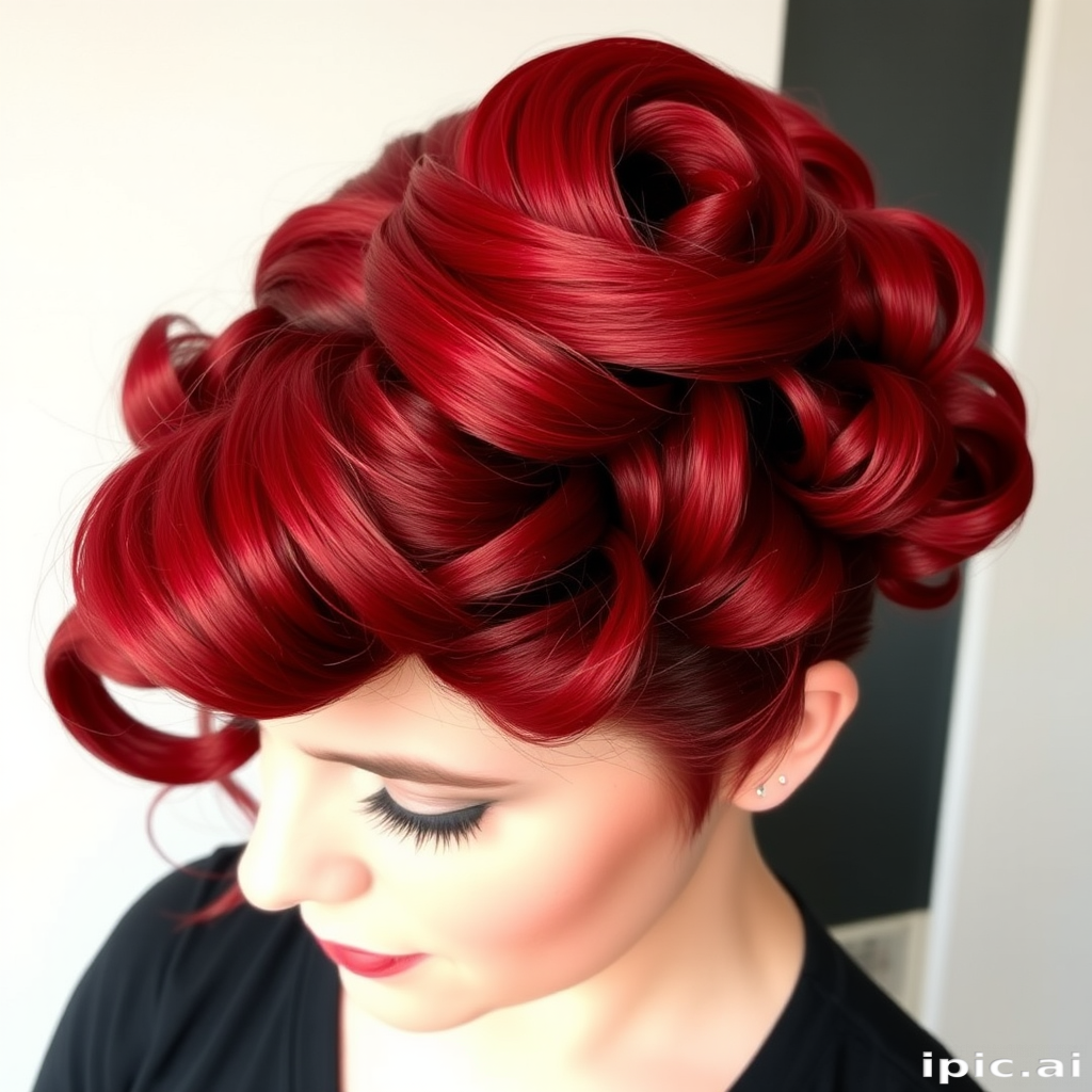 Rockabilly-inspired hair style revealing victory rolls and pin curls in a vibrant cherry red hue with subtle black lowlights