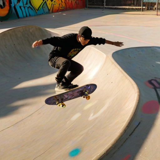 Blurry action shot of a skateboarder performing tricks at a skate park, with colorful graffiti on the walls and the sun casting long shadows on the ground.