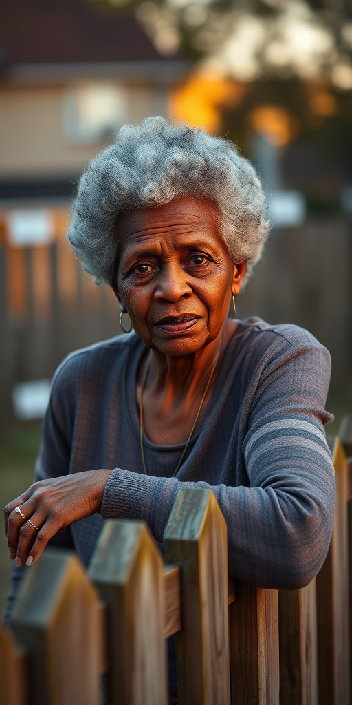 portrait of an elderly woman with gray afro hairstyle leaning on a wooden fence in a residential setting during golden hour, shallow depth of field, 50mm lens, f/1.8 aperture, ISO 100, natural light, Canon DSLR