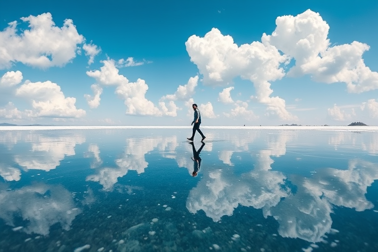 Generate an image of a man walking on water in a surreal landscape with reflective surfaces, bright blue sky, fluffy white clouds, captured with a Canon EOS R5, 85mm lens, f/1.8 aperture, ISO 100, and a low-angle shot for dramatic perspective.