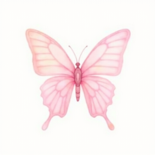 Create a watercolor illustration of a delicate pink butterfly with soft gradient wings, showcasing shades of light pink and cream. The butterfly should be depicted from a side view, highlighting its intricate wing patterns and gentle curves. The background should be minimal to emphasize the beauty of the butterfly.