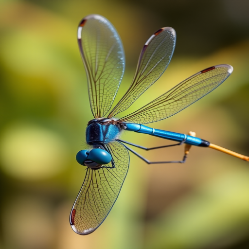 Generate a high-quality illustration of a blue dragonfly with detailed wings, captured in a macro style using a digital camera with a 50mm lens at f/2.8, ISO 100, natural lighting, and a shallow depth of field to emphasize the intricate details and vibrant colors.