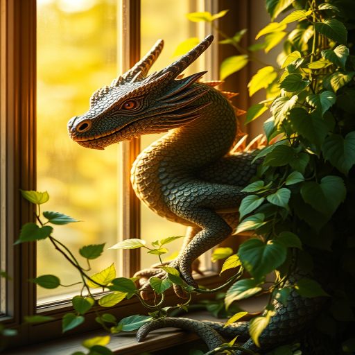 create a hyper-realistic fantasy image of a dragon intertwined with lush green vines by a window, capture warm sunlight illuminating its scales, use a Canon EOS R5 with a 50mm lens at f/1.8 for a shallow depth of field, include a soft focus background for added depth and detail.