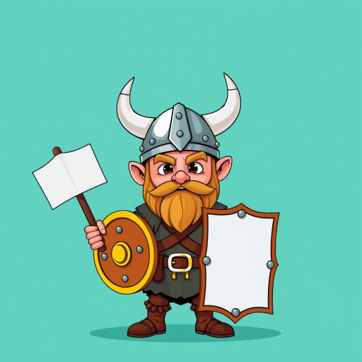 Create a colorful cartoon-style image of a Viking warrior wearing a horned helmet and holding a shield and a blank sign, using a Canon EOS 90D with a 50mm lens, aperture at f/2.8, ISO 100, and a vibrant teal background.