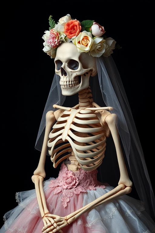 Create a highly detailed portrait of a skeleton dressed in an ornate wedding gown adorned with a floral crown, set against a dark backdrop, using a DSLR camera with a 50mm lens at f/1.8, ISO 100, and a softbox for lighting to enhance texture and contrast.