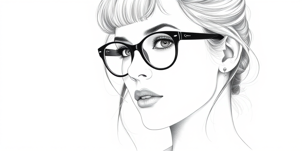Beautiful Kristen Stewart, pencil sketch, portrait of beautiful woman 60s in glasses, hair style beatnik, outline, clear lines, fine lines, 8k