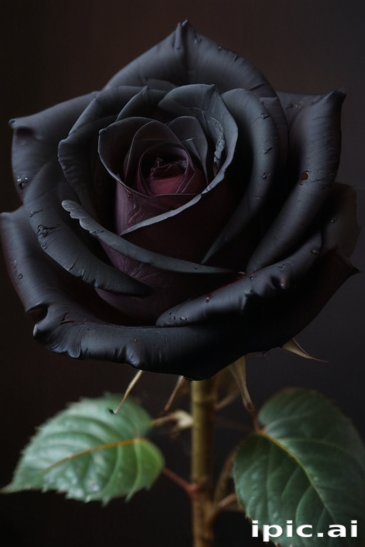 Elegant Black Rose with Dew Drops Against a Dark Background