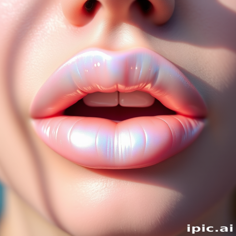 Iridescent pearl white lips, called "Moonbeam Glow," showcase a subtle color-shifting effect and a luminous, ethereal appearance