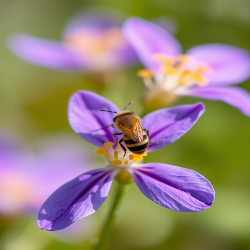 Macro photograph of a violet flower with a bee perched on it, soft focus background, use a Canon EOS 5D Mark IV, aperture f/2.8, shutter speed 1/200 sec, ISO 100, natural light.