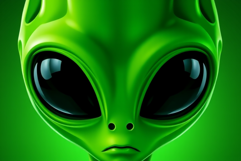 Create a high-resolution illustration of a vibrant green alien head with large black eyes, using a digital art style, front view, shot with a Canon EOS R5 at f/2.8, ISO 100, 85mm lens for sharp details and smooth gradients.