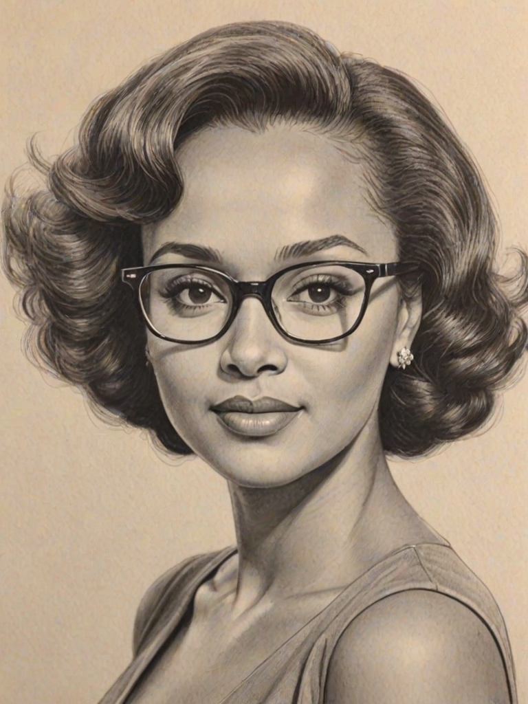 Comely Daphne Maxwell Reid, pencil sketch, portrait of Stunning woman 1957s in glasses, hair style beatnik, outline, clear lines, fine lines, 8k