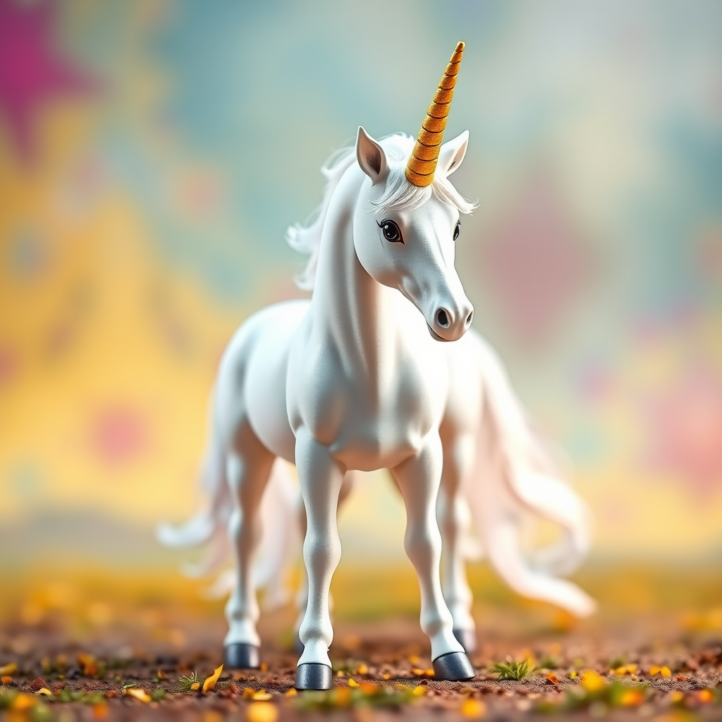 Create a high-resolution 3D rendering of a majestic white unicorn with a shimmering golden horn, standing gracefully on a vibrant background, using a DSLR camera with an aperture of f/1.8, ISO 100, a focal length of 85mm, and a shallow depth of field to enhance the subject's details and blur the background, captured from a slightly low angle for a dramatic effect.